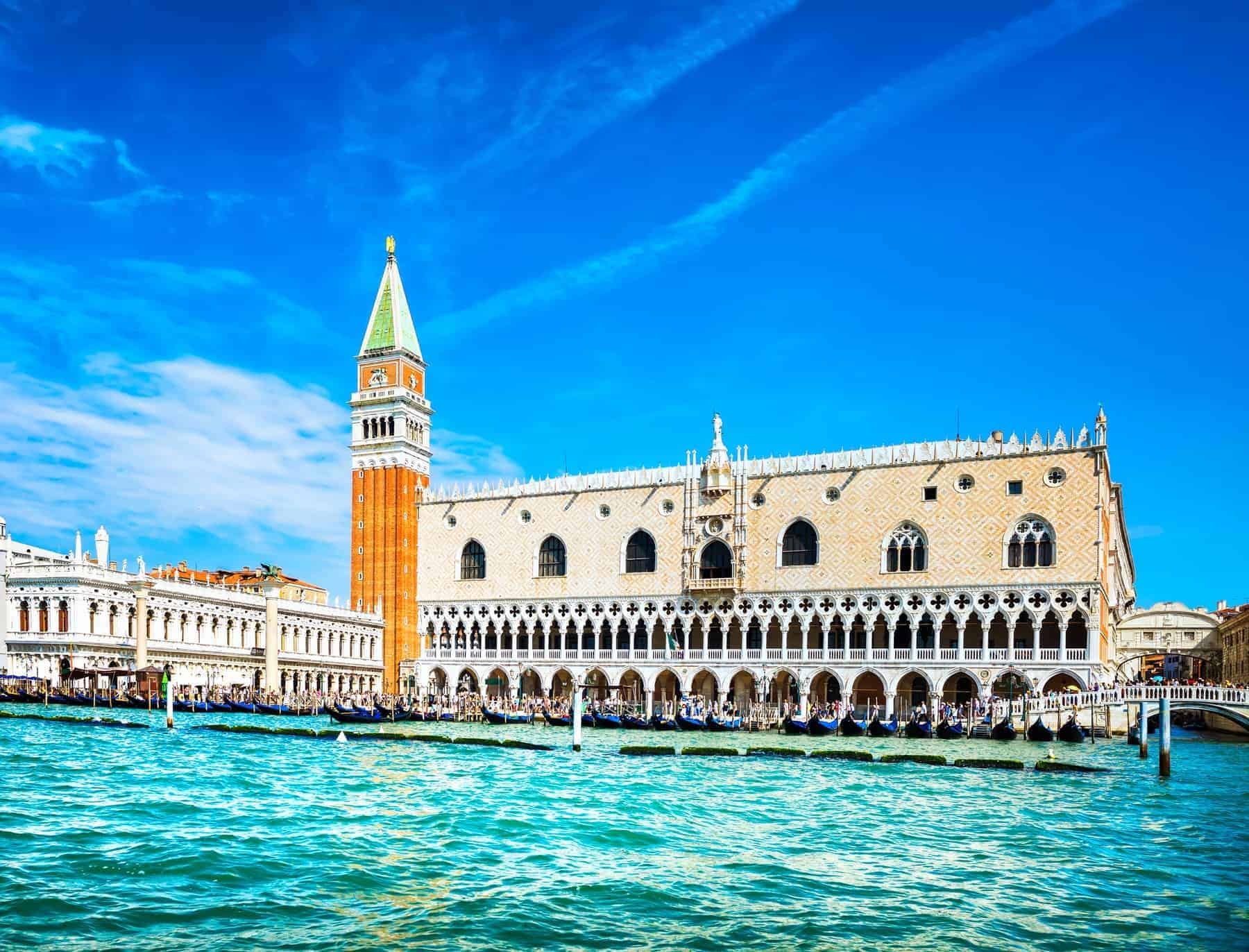 Venice landmark, view from sea of Piazza San Marco or st Mark square, Campanile and Ducale or Doge Palace. Italy, Europe.