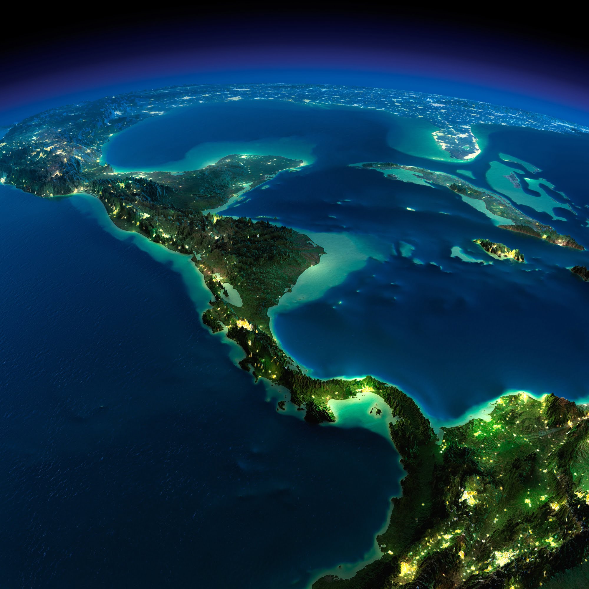 Highly detailed Earth, illuminated by moonlight. The glow of cities sheds light on the detailed exaggerated terrain. Night. The countries of Central America. Elements of this image furnished by NASA